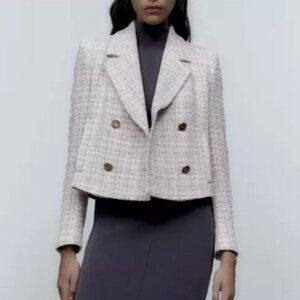 ZARA WOMEN NEW CROPPED TEXTURED BLAZER WEAVE TWEED